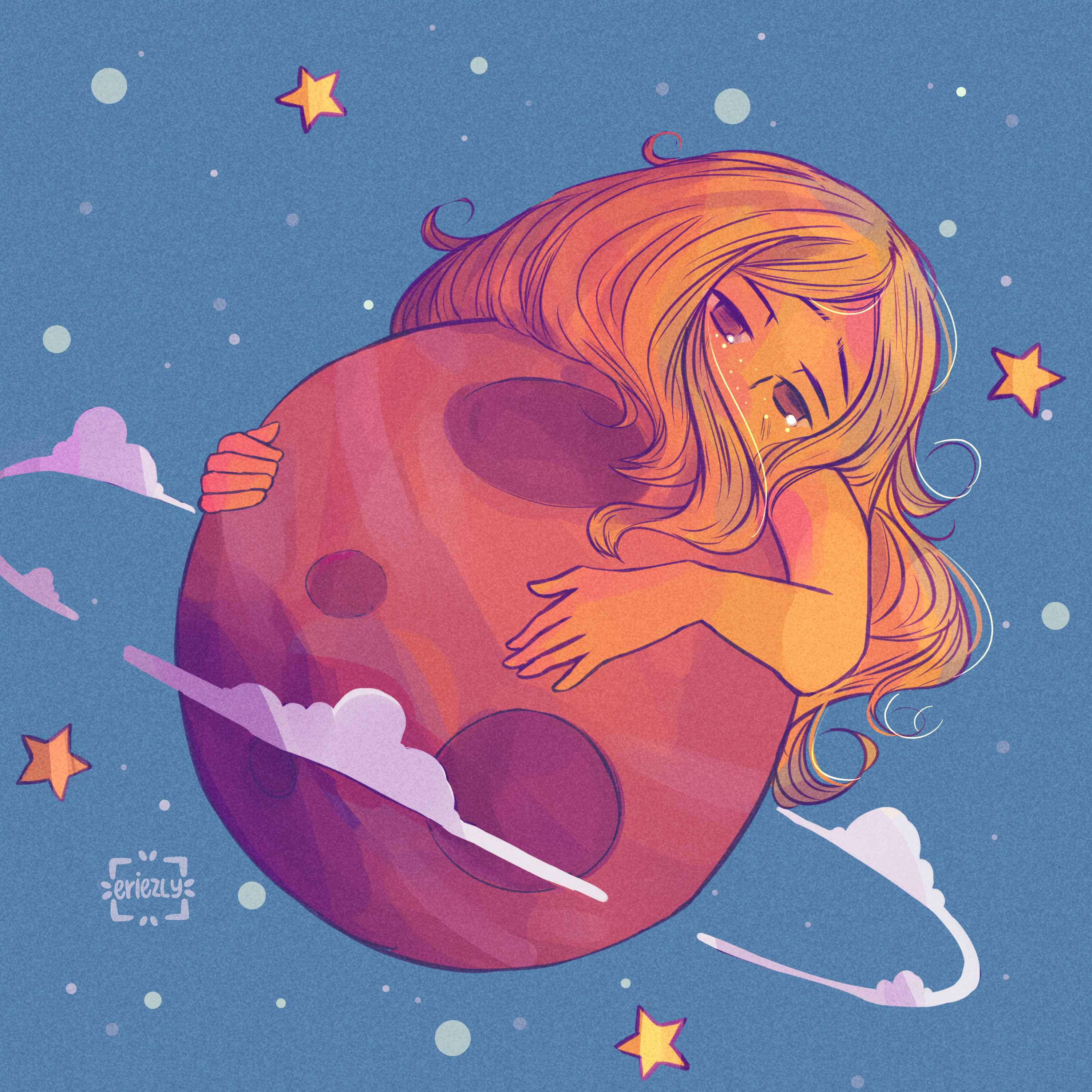 dibujo chica abrazando un planeta por eriezly